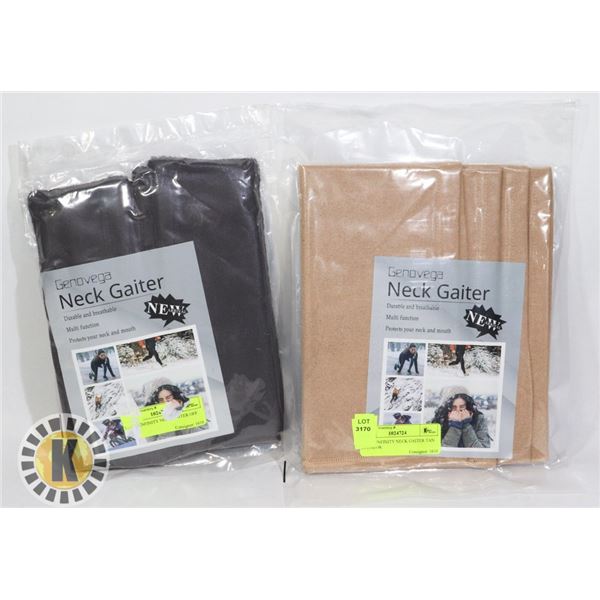 TWO NEW NECK GAITERS, ONE BLACK AND ONE TAN
