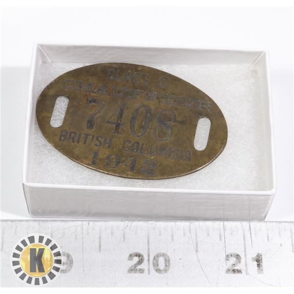 1942 CLASS C. B.C. CHAUFFEUR BADGE