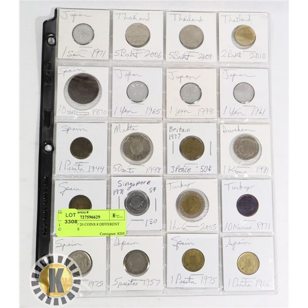 1 SHEET OF 20 COINS 8 DIFFERENT COUNTRIES