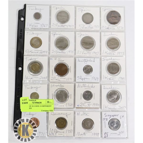 1 SHEET OF 20 COINS 10 DIFFERENT COUNTRIES