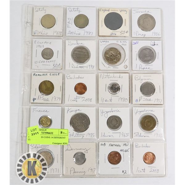 1 SHEET OF 20 COINS 14 DIFFERENT COUNTRIES