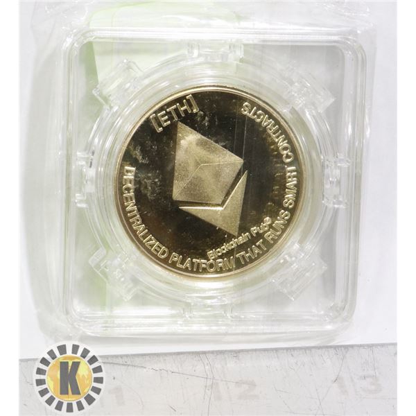 GOLD PLATED ETHEREUM COIN IN ROTATING CASE