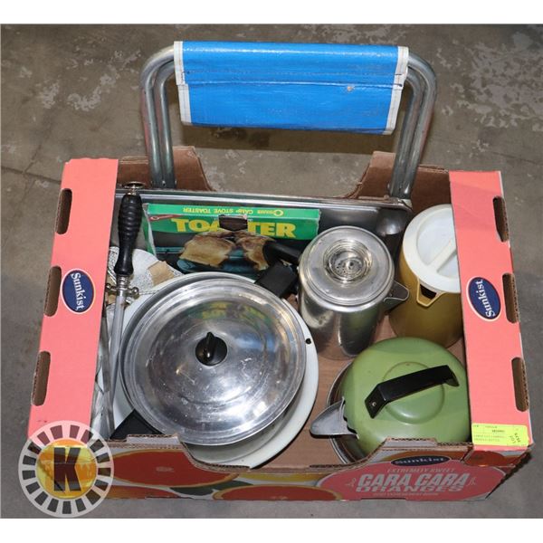 LARGE LOT CAMPING SUPPLIES. GRIDDLE, KETTLE,
