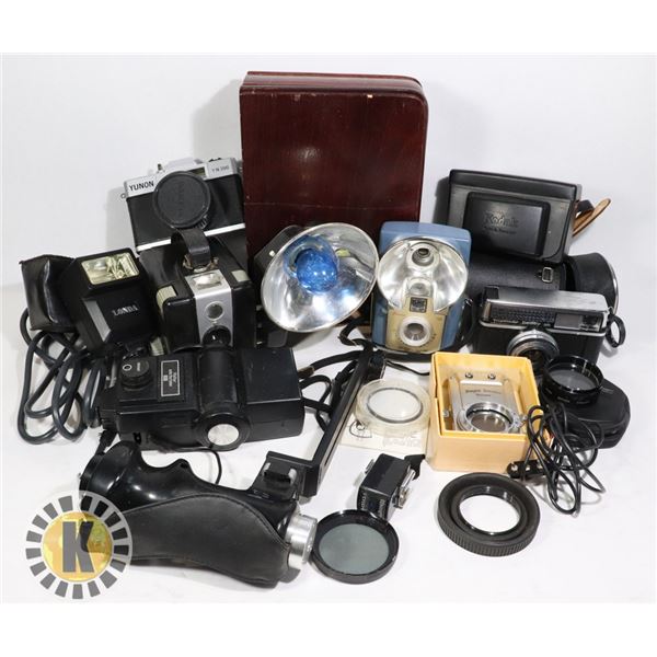 ESTATE BOX OF ASSORTED VINTAGE CAMERAS, LENS, CASE