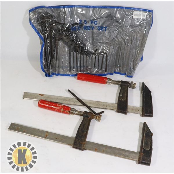 BOX OF ESTATE TOOLS- 2 CLAMPS, ALLEN KEY SET,