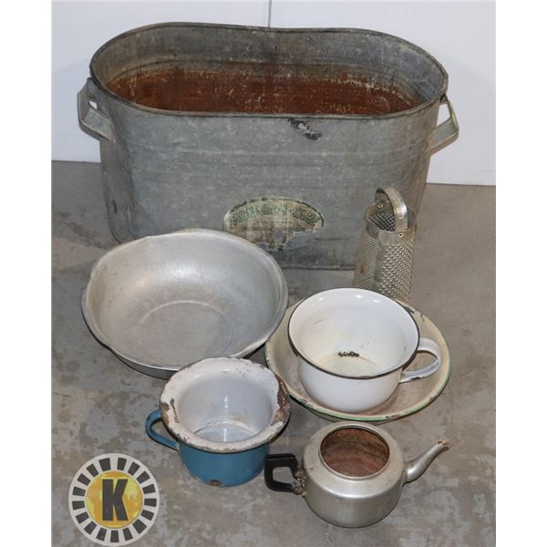 METAL WASH BASIN AND OTHER COLLECTIBLE ITEMS