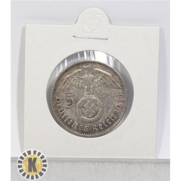 1938 WWII SILVER NAZI GERMANY 5 REICHSMARK COIN