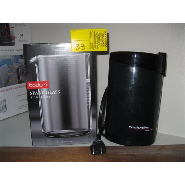 PROCTOR SILEX COFFEE MILL & A SPARE BODUM 1.5L GLASS