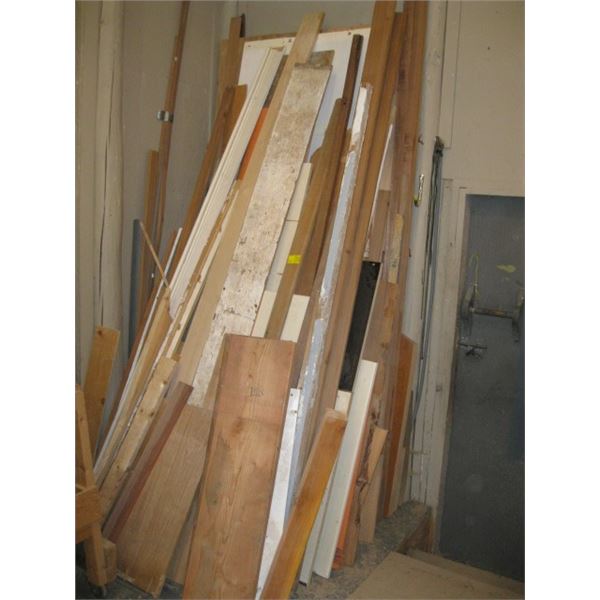 LG. LOT OF ASST. WOOD, IN CORNER. PLYWOODS, HARDWOODS, ETC.