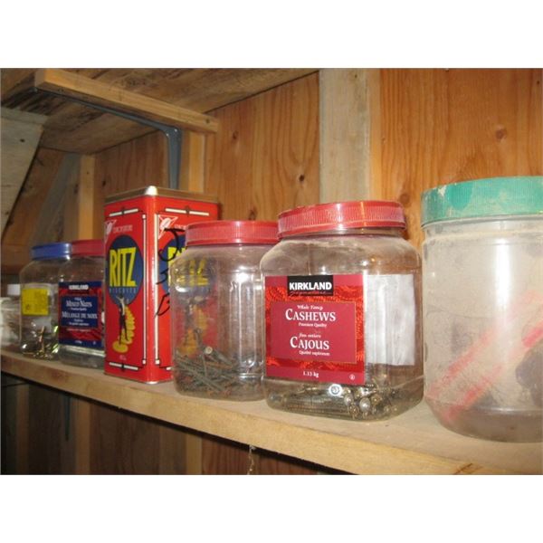 LOT OF ASST. CONTAINERS WITH MISC. SCREWS, NUTS, ETC. & A LG. LOT OF EMPTY CONTAINERS