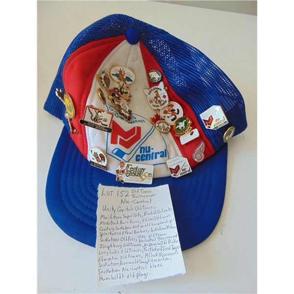 NU-CENTRAL CAP WITH MULTIPLE OLD TIMER HOCKEY CLUB PINS