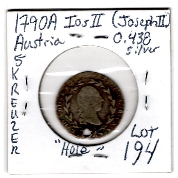 1790A JOSEPH 2ND AUSTRIA “5 KREUZER SILVER COIN