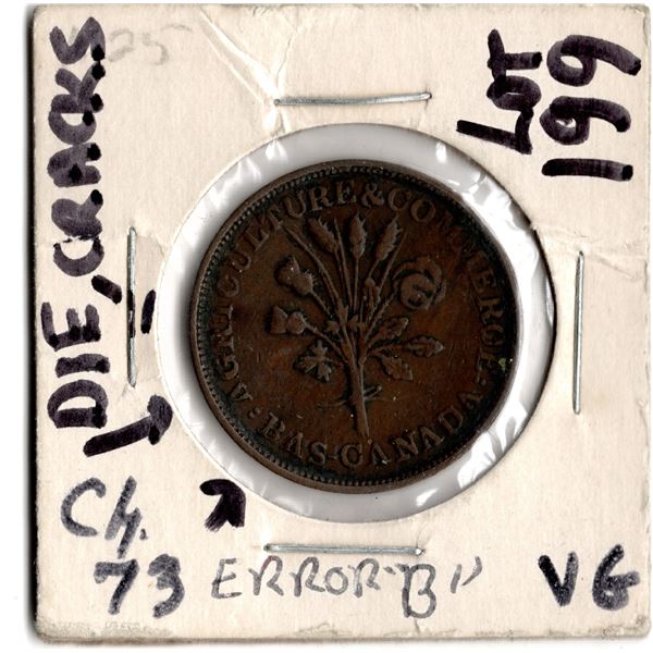 UN . SOUS MONTREAL COLONIAL COPPER TOKEN WITH DIE CRACKS