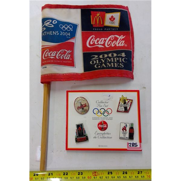 Lot of Coca Cola Pins & Flag - 2004 Olympic Games