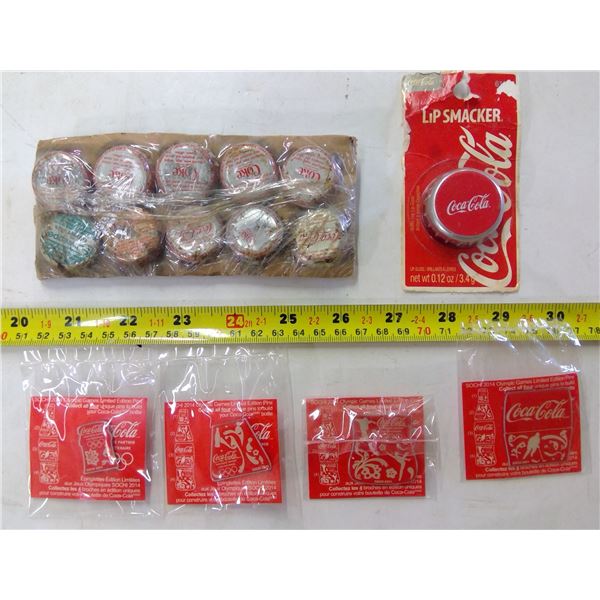 Coca Cola Lot - 10 Bottle Caps, Lip Smacker & 4 Pins