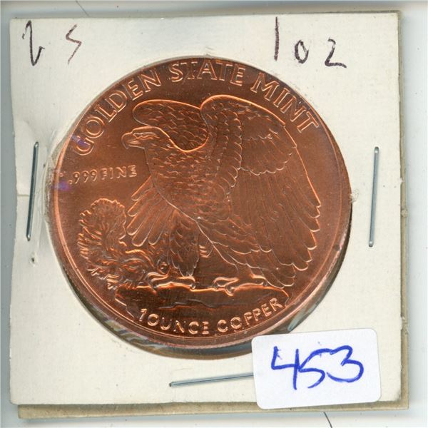 US Golden State Mint BIG oz .999 Fine Copper Coin - Liberty (38mm)