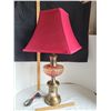 Image 1 : Brass and Glass Parlor lamp with a red shade.