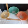 Image 2 : 1980's pyrex nesting bowls. Aqua, Peach & Yellow. Pastel clear bottoms.