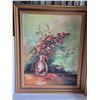 Image 1 : Framed still life oil painting by local artist Margaret Barrie. 33”H & 27”W
