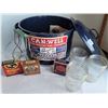 Image 1 : Old Canwell canner (never used). With jam jars, jar lifter, Jar opener & vintage rubber ring boxes.