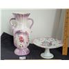 Image 1 : Mauve & white ceramic 2 handled decorative vase & pedestal dainty server, accented with roses.