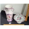 Image 2 : Mauve & white ceramic 2 handled decorative vase & pedestal dainty server, accented with roses.