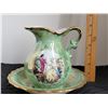 Image 1 : Green French Provincial small bowl and pitcher set with gold edging. Made in Japan.
