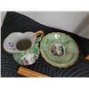 Image 2 : Green French Provincial small bowl and pitcher set with gold edging. Made in Japan.