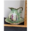 Image 7 : Green French Provincial small bowl and pitcher set with gold edging. Made in Japan.