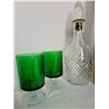 Image 2 : Cranberry & clear wine decanters with stemmed cranberry & lime coloured glasses.