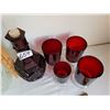 Image 4 : Cranberry & clear wine decanters with stemmed cranberry & lime coloured glasses.