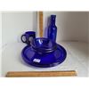 Image 1 : Cobalt blue glass set of 2 dinner plates and bowls, U of A mug and a bottle.