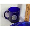 Image 2 : Cobalt blue glass set of 2 dinner plates and bowls, U of A mug and a bottle.