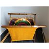 Image 7 : Folding knitting basket, wool, and a set of Knifty Knitter spools.