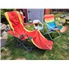 Image 2 : Outdoor patio chairs. Reclining canvas umbrella folding lounger, child's resin chair & vintage canva