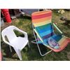 Image 4 : Outdoor patio chairs. Reclining canvas umbrella folding lounger, child's resin chair & vintage canva