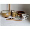 Image 1 : Denby pot & 4 cups,( England) Ceramic pot, 2 mugs, knife & vintage salt/pepper shakers.