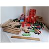 Image 1 : Toys R Us wooden train set & accessories. C/W large set of wood tracks & plastic bridge parts etc.