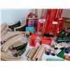 Image 5 : Toys R Us wooden train set & accessories. C/W large set of wood tracks & plastic bridge parts etc.