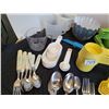 Image 3 : 1970's Tupperware measuring cups & spoons, 1c measuring cups, metal jelly moulds & coloured cutlery.