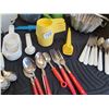 Image 4 : 1970's Tupperware measuring cups & spoons, 1c measuring cups, metal jelly moulds & coloured cutlery.