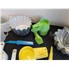 Image 6 : 1970's Tupperware measuring cups & spoons, 1c measuring cups, metal jelly moulds & coloured cutlery.