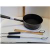 Image 3 : Cast iron long handle camping pot and tongs.