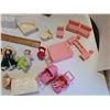 Image 2 : Doll furniture. 3 wooden pieces with opening doors, tiny dolls, plastic beds, tables, chairs etc.