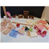 Image 6 : Doll furniture. 3 wooden pieces with opening doors, tiny dolls, plastic beds, tables, chairs etc.