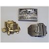 Image 3 : Small tin strong box bank, no key. Semi, Caterpillar, Jeep belt buckles. Chrysler symbol, compass & 
