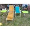 Image 1 : 1970's reclining outdoor lounge chair, folding lawn chair, 2 metal outdoor side tables.
