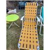 Image 2 : 1970's reclining outdoor lounge chair, folding lawn chair, 2 metal outdoor side tables.