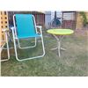 Image 3 : 1970's reclining outdoor lounge chair, folding lawn chair, 2 metal outdoor side tables.
