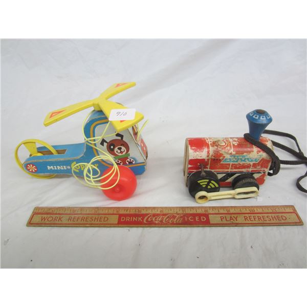 2 Vintage Wooden Fisher Price Pull Toys Mini Copter and Train